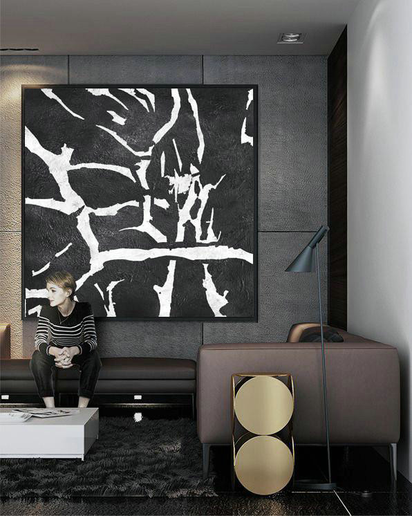 Acrylic Painting Wall Art,Oversized Minimal Black And White Painting - Hand-Painted Canvas Art